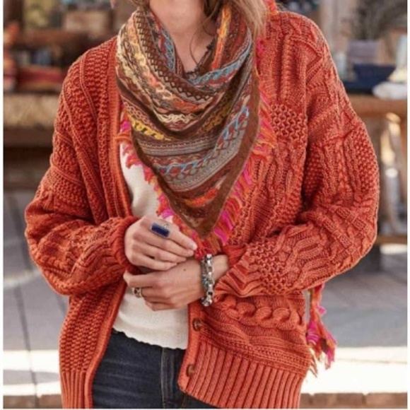 Sundance Sweaters - SUNDANCE Taylor Cardigan Chunky Muxed Cable Knit Rust Terracotta